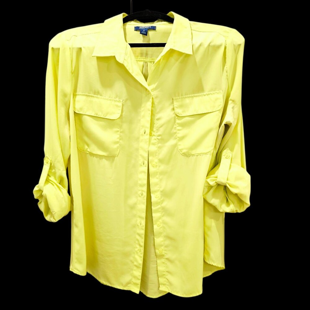Old Navy Yellow Button-Up Blouse Women’s Large Roll-up Long Sleeve Lightweight